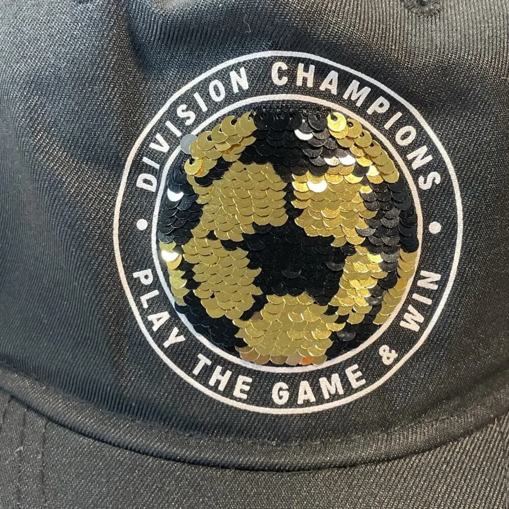 H&M Division Champions Play The Game Win Soccer Gold Sequin Black Snapback Cap